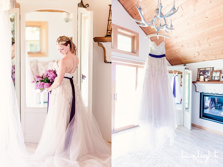 bridal dress with lilac accent