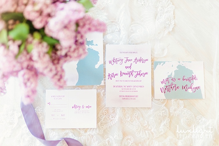 lilac accented wedding invitation 