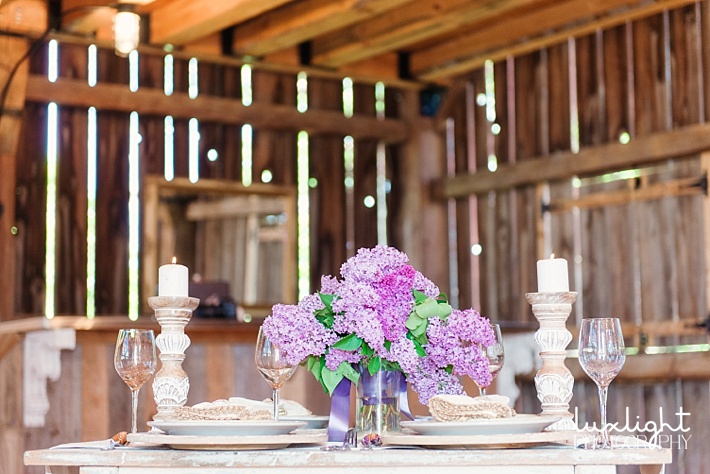 lilac and rustic barn table set