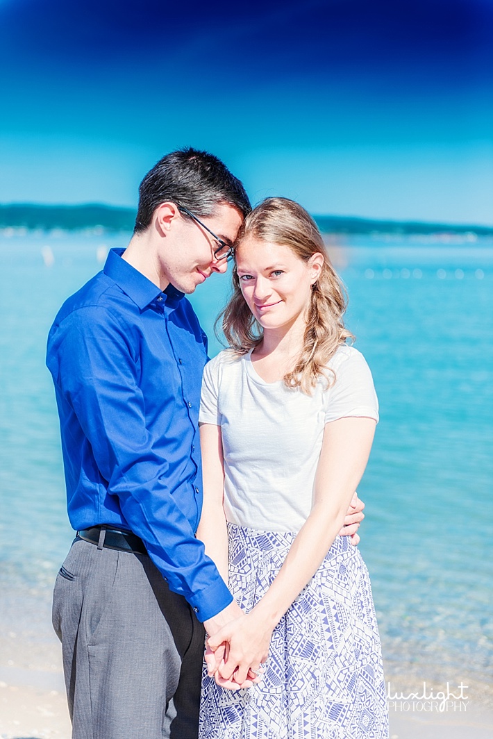 couples engagement on lake michigan