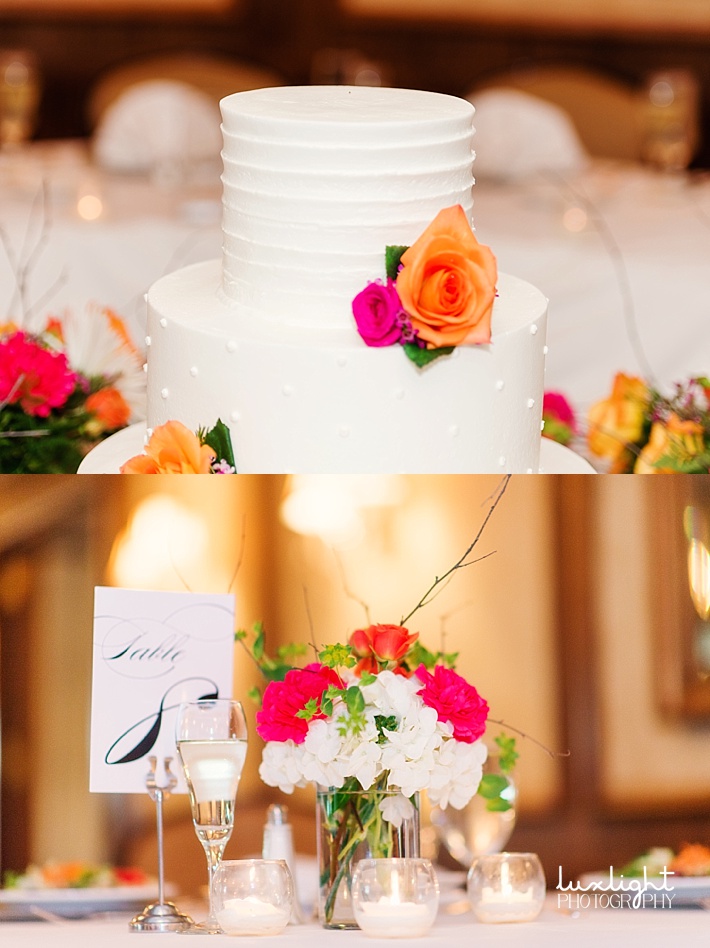 floral arrangements and wedding cake 