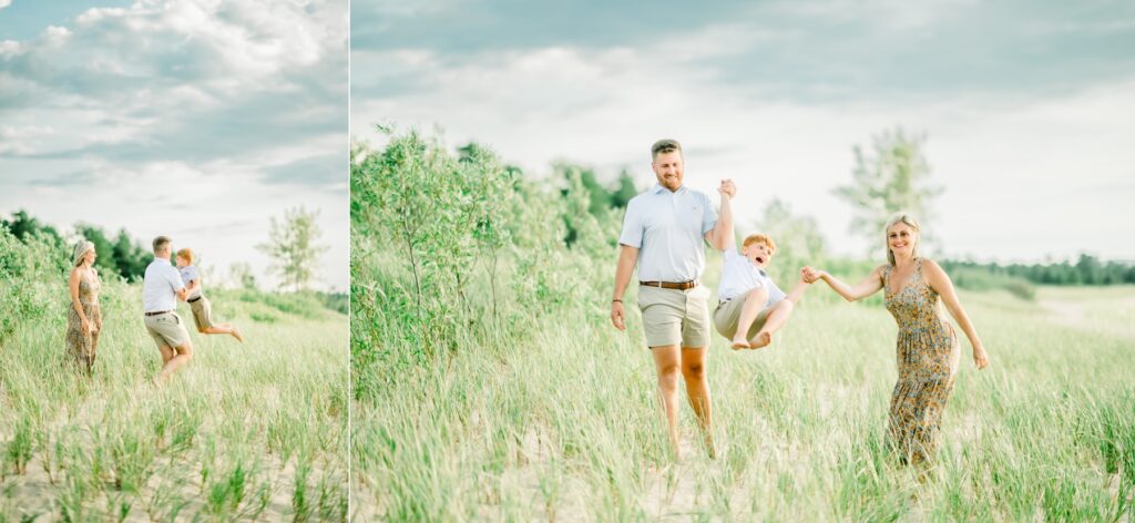 Loving candid moment of mom hugging child during family photo session on Traverse City beach