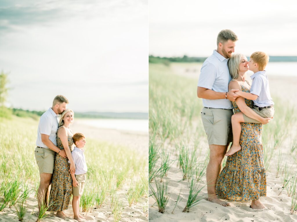 Authentic family photography in Traverse City with barefoot kids playing at the beach