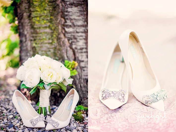 White peony bouquet and wedding shoes
