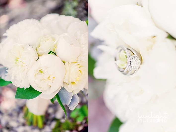 white peony bouquet and ring