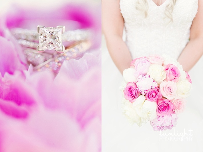 wedding rings and peony bouquet